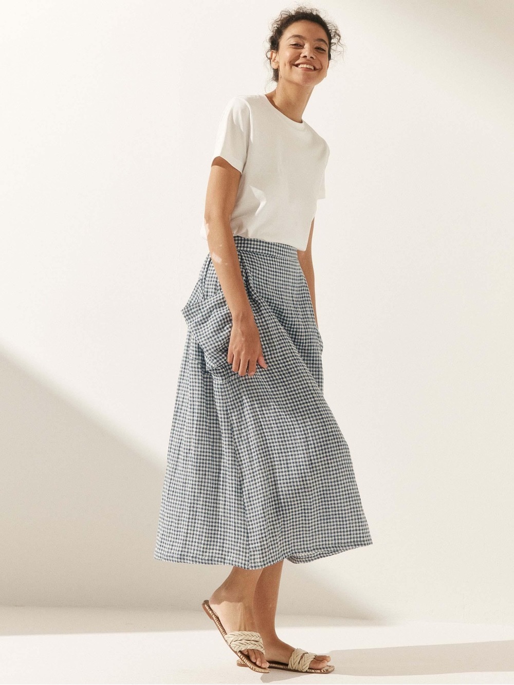 Lintico Marina Linen Checked Elastic Waist dusty blue minimalist utility skirt - Picture 4 of 10